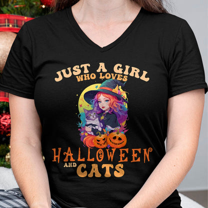 Shirt, Funny Cat Lover Gift UnisexT-Shirt/Hoodie/Sweatshirt HLT00 - Just A Girl Who Loves Halloween and Cats Spooky Fall Pumpkin T-Shirt (1)