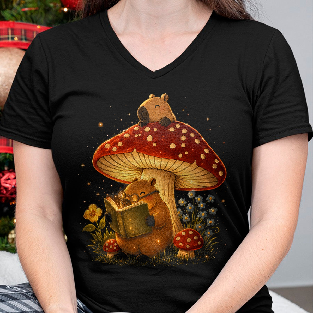 Cute Capybara Shirt, Funny Capybara Unisex T-Shirt/Hoodie/Sweatshirt HLT00 - Capybara Reading Book Mushroom Cottagecore Aesthetic Women T-Shirt