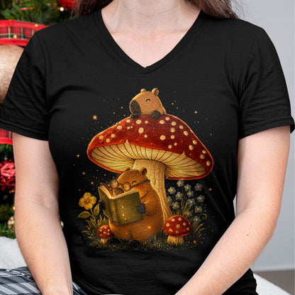 Cute Capybara Shirt, Funny Capybara Unisex T-Shirt/Hoodie/Sweatshirt HLT00 - Capybara Reading Book Mushroom Cottagecore Aesthetic Women T-Shirt