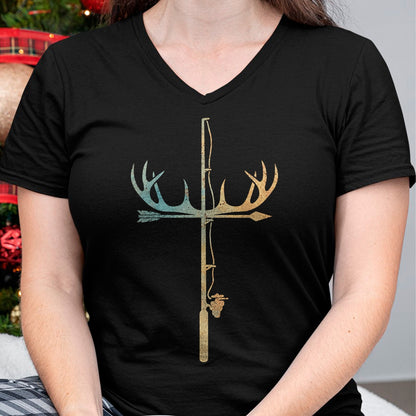 Funny Fishing Shirt, Gift For Fishing Lover Unisex T-Shirt/Hoodie/Sweatshirt HLT00 - Antler Fishing Rod Cross God Family Hunting Fishing T-Shirt