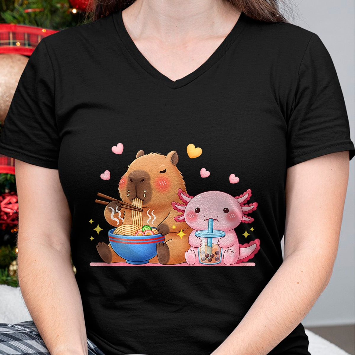 Cute Capybara Shirt, Funny Capybara Unisex T-Shirt/Hoodie/Sweatshirt HLT00 - Cute Capybara Ramen and Axolotl Boba Kawaii Boys Girls Kids T-Shirt