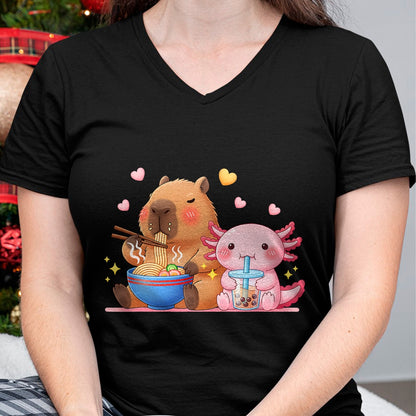 Cute Capybara Shirt, Funny Capybara Unisex T-Shirt/Hoodie/Sweatshirt HLT00 - Cute Capybara Ramen and Axolotl Boba Kawaii Boys Girls Kids T-Shirt