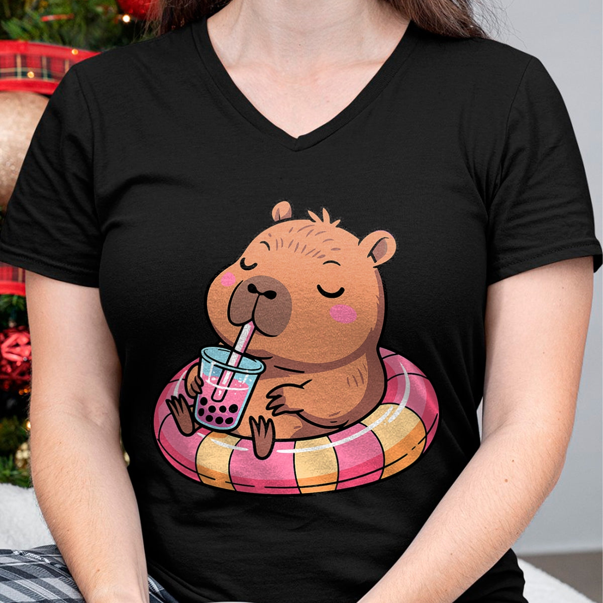 Cute Capybara Shirt, Funny Capybara Unisex T-Shirt/Hoodie/Sweatshirt HLT00 - Kawaii Capybara Bubble Tea Pool Float Teen Girls and Her Mom T-Shirt