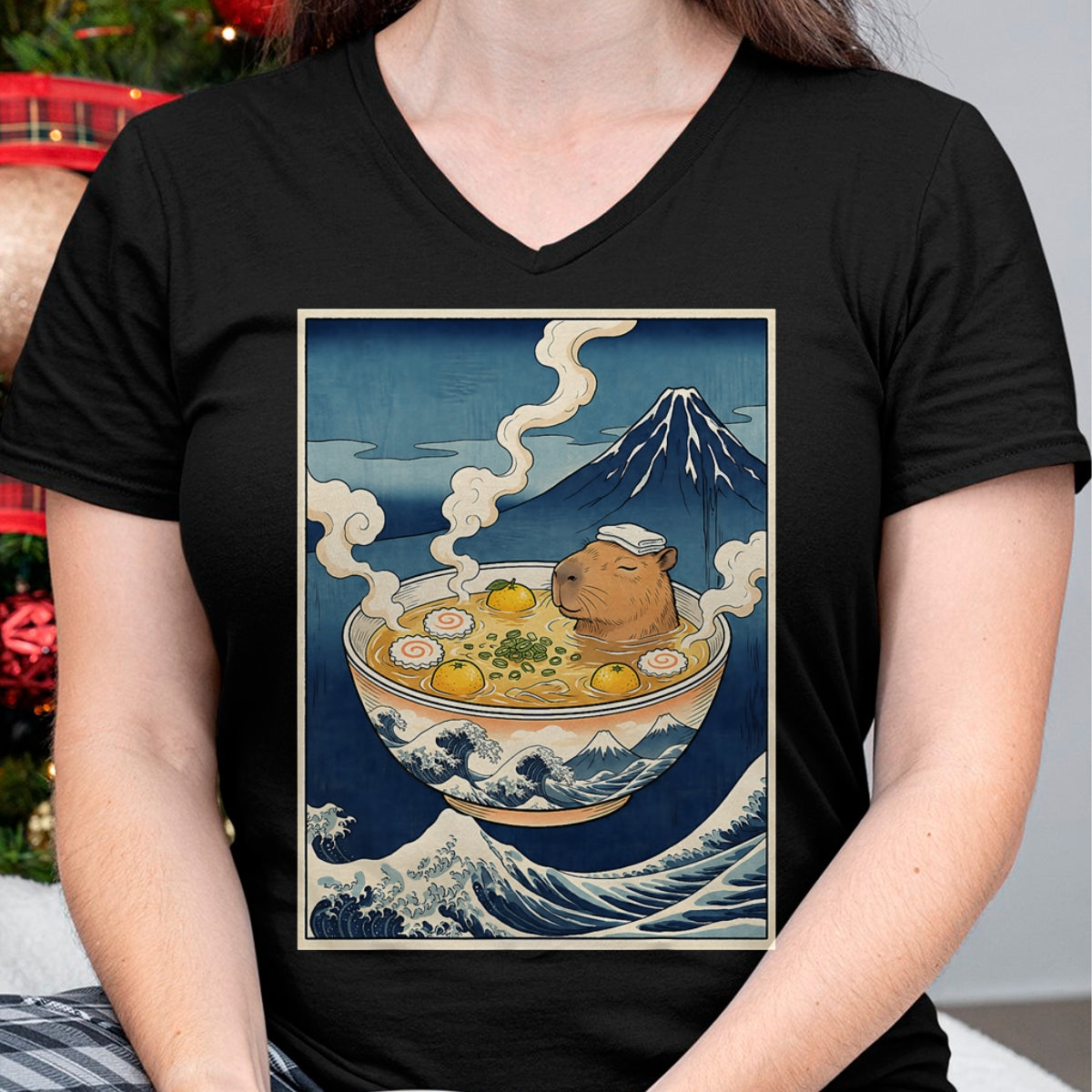 Cute Capybara Shirt, Funny Capybara Unisex T-Shirt/Hoodie/Sweatshirt HLT00 - Cute Capybara Ramen Mt Fuji Ukiyo-e Great Wave Japanese Art T-Shirt