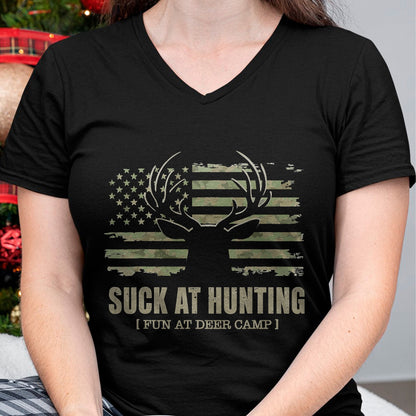 Funny Camping Shirt, Gift For Camping Lover Unisex T-Shirt/Hoodie/Sweatshirt HLT00 - Suck At Hunting Fun At Deer Camp Funny Man Hunter Camping T-Shirt