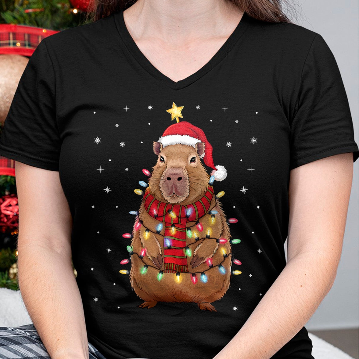 Cute Capybara Shirt, Funny Capybara Unisex T-Shirt/Hoodie/Sweatshirt HLT00 - Christmas Capybara with Santa Hat Xmas Lights Tree T-Shirt