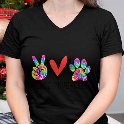 Cat Love Shirt, Funny Cat Lover Gift UnisexT-Shirt/Hoodie/Sweatshirt HLT00 - Peace Love Cats Paws Tie Dye Rainbow Animal Rescue Womens T-Shirt (1)