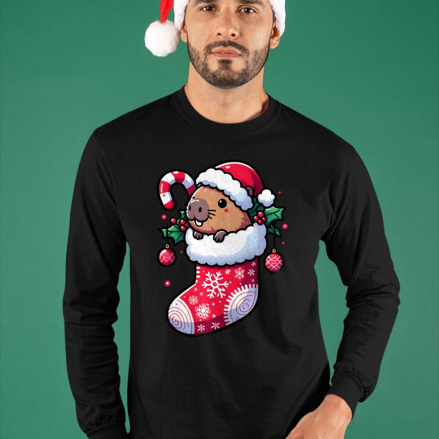 Cute Capybara Shirt, Funny Capybara Unisex T-Shirt/Hoodie/Sweatshirt HLT00 - Cute Capybara Wearing Santa Hat in Christmas Stocking Pajama T-Shirt