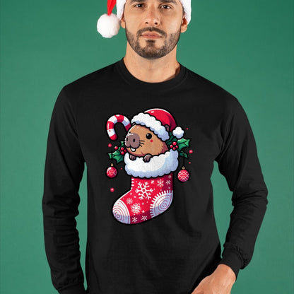 Cute Capybara Shirt, Funny Capybara Unisex T-Shirt/Hoodie/Sweatshirt HLT00 - Cute Capybara Wearing Santa Hat in Christmas Stocking Pajama T-Shirt