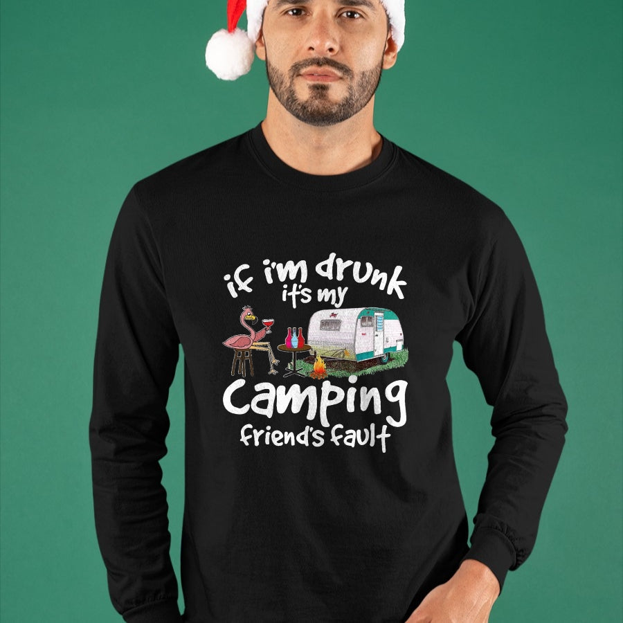 Funny Camping Shirt, Gift For Camping Lover Unisex T-Shirt/Hoodie/Sweatshirt HLT00 - If I_m Drunk It_s My Camping Friend_s Fault Funny Flamingo T-Shirt, Men, Black, 3X-Large