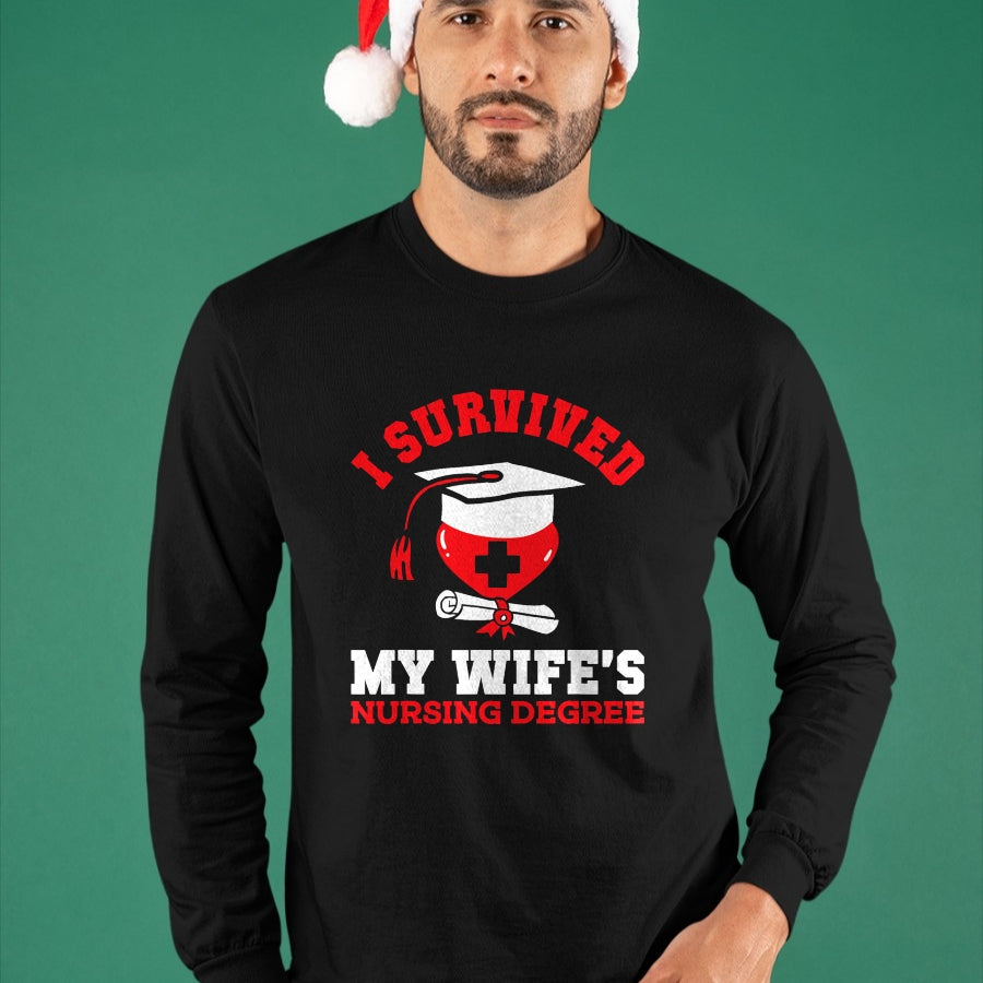 Funny Nurse Shirt, Nurse Unisex T-Shirt/Hoodie/Sweatshirt HLT00 - I Survived My Wife's Nursing Degree Nurse RN Graduation 2024 T-Shirt