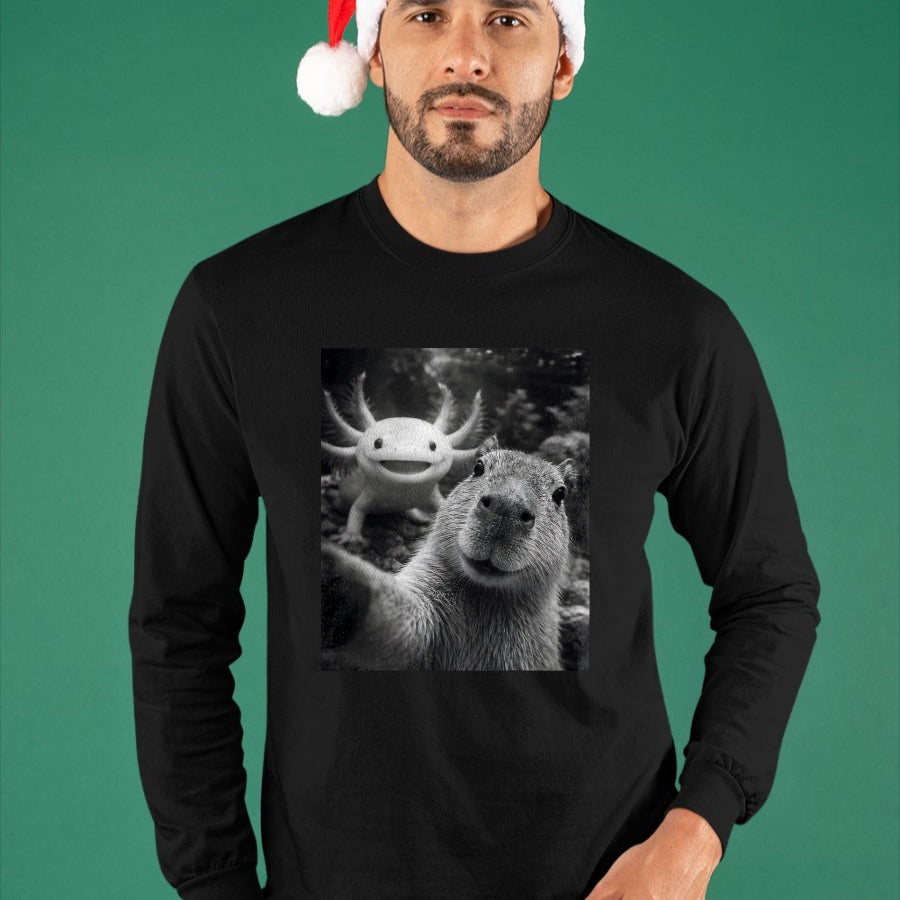 Cute Capybara Shirt, Funny Capybara Unisex T-Shirt/Hoodie/Sweatshirt HLT00 - Capybara Axolotl Selfie T-Shirt
