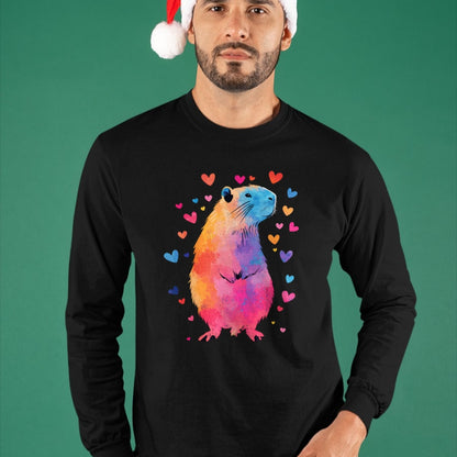 Cute Capybara Shirt, Funny Capybara Unisex T-Shirt/Hoodie/Sweatshirt HLT00 - Colorful Capybara Hearts Long Sleeve T-Shirt