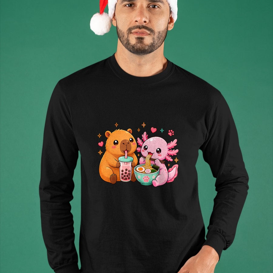 Cute Capybara Shirt, Funny Capybara Unisex T-Shirt/Hoodie/Sweatshirt HLT00 - Cute Capybara Axolotl Boba Ramen Anime Kawaii Foodie Friends T-Shirt