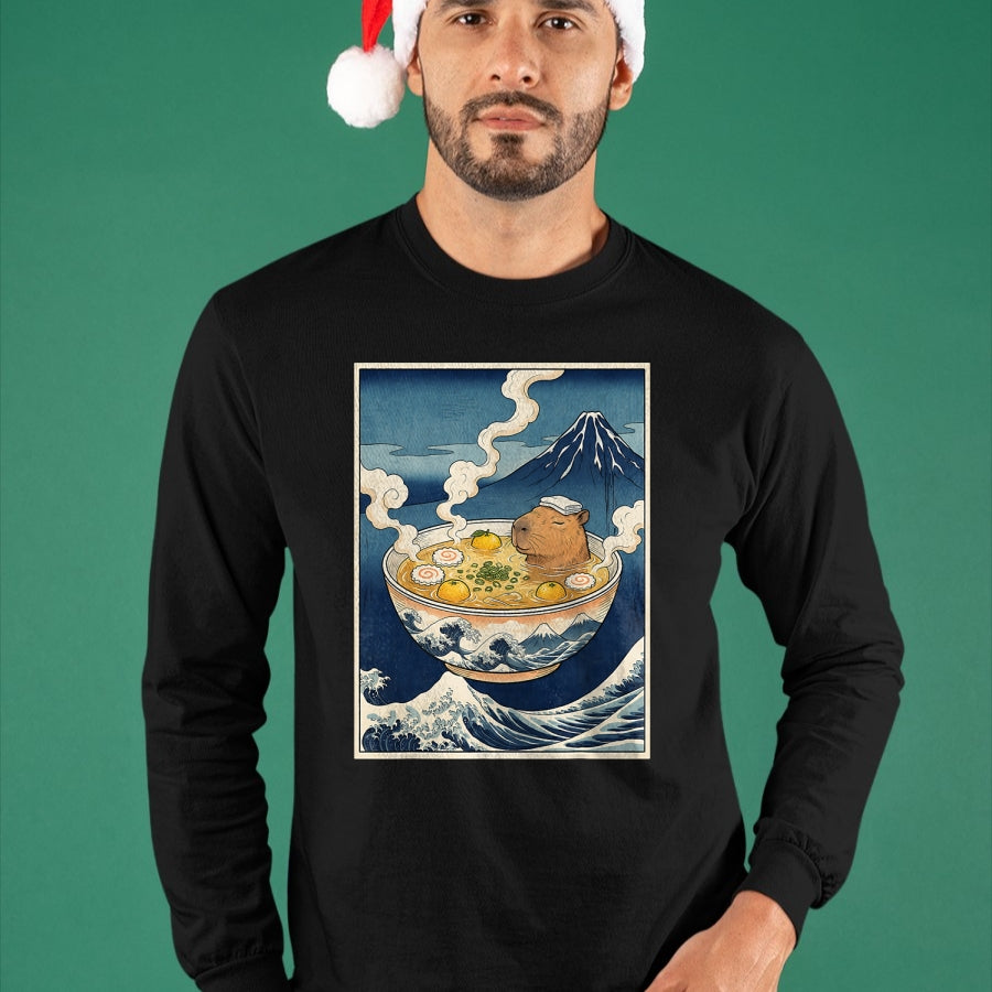 Cute Capybara Shirt, Funny Capybara Unisex T-Shirt/Hoodie/Sweatshirt HLT00 - Cute Capybara Ramen Mt Fuji Ukiyo-e Great Wave Japanese Art T-Shirt