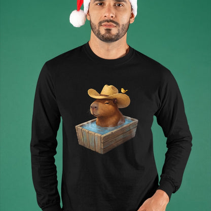 Cute Capybara Shirt, Funny Capybara Unisex T-Shirt/Hoodie/Sweatshirt HLT00 - Cute Capybara Wearing Cowboy Hat in Bathtub Funny Western T-Shirt