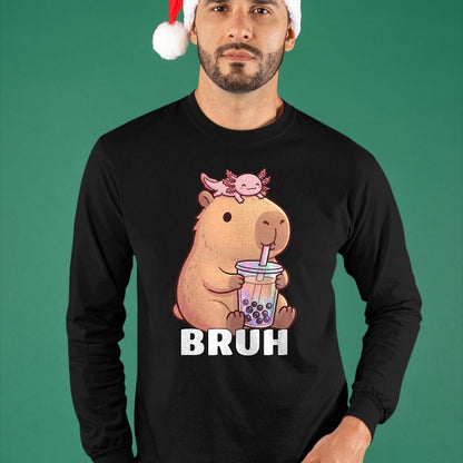 Cute Capybara Shirt, Funny Capybara Unisex T-Shirt/Hoodie/Sweatshirt HLT00 - Cute Bruh Capybara Drinking Bubble Tea Axolotl Funny Kawaii T-Shirt