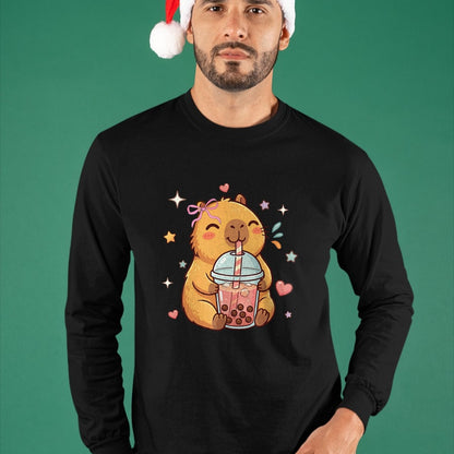Cute Capybara Shirt, Funny Capybara Unisex T-Shirt/Hoodie/Sweatshirt HLT00 - Cute Capybara Anime Drinking Bubble Boba Tea Kawaii Girl Kid T-Shirt