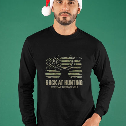 Funny Camping Shirt, Gift For Camping Lover Unisex T-Shirt/Hoodie/Sweatshirt HLT00 - Suck At Hunting Fun At Deer Camp Funny Man Hunter Camping T-Shirt
