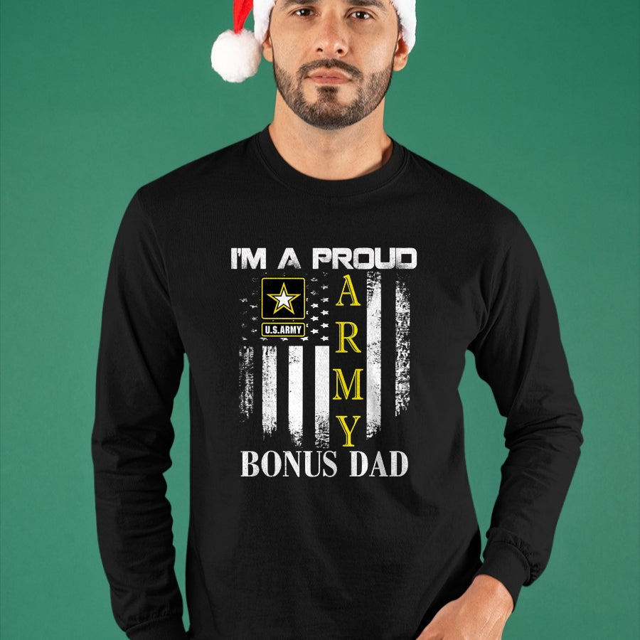 Gift for Dad Shirt, Funny Dad Unisex T-Shirt/Hoodie/Sweatshirt HLT00 – Vintage I_m A Proud Army Bonus Dad With American Flag Gift T-Shirt