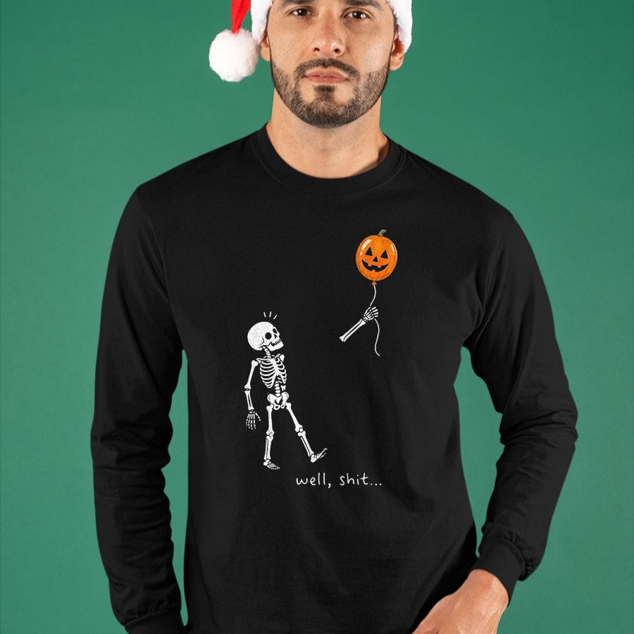 Best Thanksgiving Family Shirt , Funny Thanksgiving UnisexT-Shirt/Hoodie/Sweatshirt HLT00 - Well Shit Skeleton Holding Balloon Pumpkin Gothic Halloween T-Shirt, Men, Black, X-Large