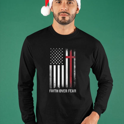 Christian Tee, Christian Faith Unisex T-Shirt/Hoodie/Sweatshirt HLT00 - Christian US USA Flag American Christ Faith Over Fear Cross T-Shirt (1)