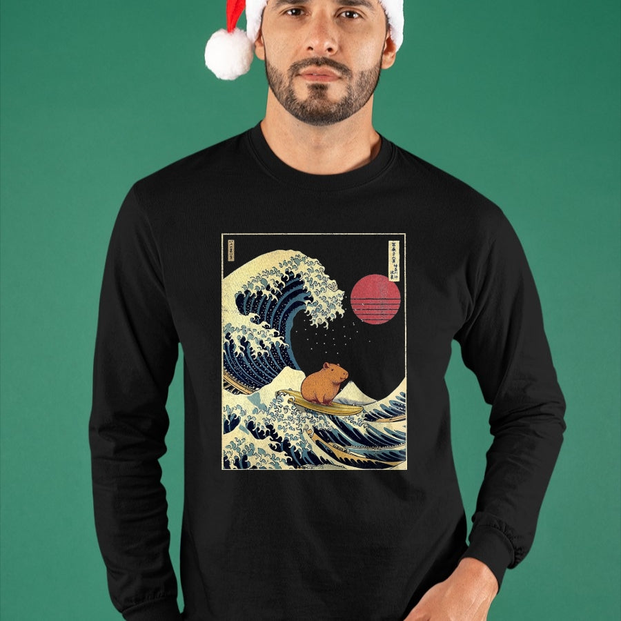 Cute Capybara Shirt, Funny Capybara Unisex T-Shirt/Hoodie/Sweatshirt HLT00 - Capybara Japanese Kanagawa Wave Funny Surf Animal T-Shirt, Men, Black, 3X-Large