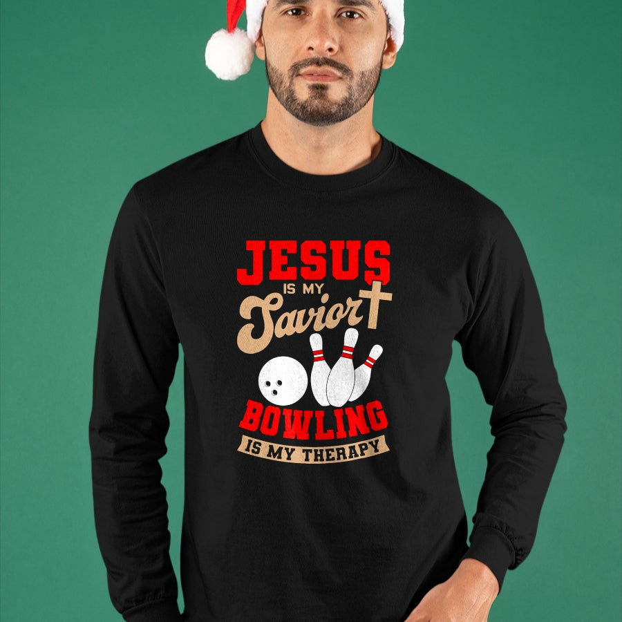 Christian Tee, Christian Faith Unisex T-Shirt/Hoodie/Sweatshirt HLT00 - Jesus Is My Savior Bowling Is My Therapy Christian Bowler T-Shirt