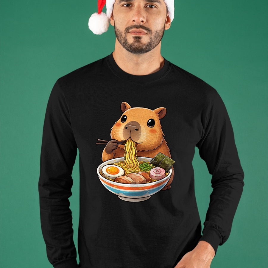 Cute Capybara Shirt, Funny Capybara Unisex T-Shirt/Hoodie/Sweatshirt HLT00 - Capybara Eating Ramen Noodles Japanese Kawaii Graphic T-Shirt