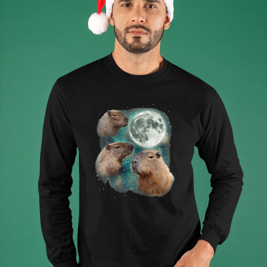 Cute Capybara Shirt, Funny Capybara UnisexT-Shirt/Hoodie/Sweatshirt HLT00 - 3 Capybara Moon Giant Rodents Weird Howling Parody T-Shirt, Men, Black, 3X-Large