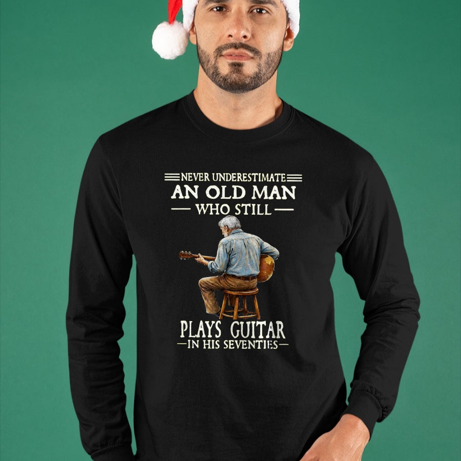 Guitar Lover Shirt, Funny Guitar UnisexT-Shirt/Hoodie/Sweatshirt HLT00 - Never Underestimate an Old Man Who Plays Guitar Seventies T-Shirt, Men, Heather Blue, Medium