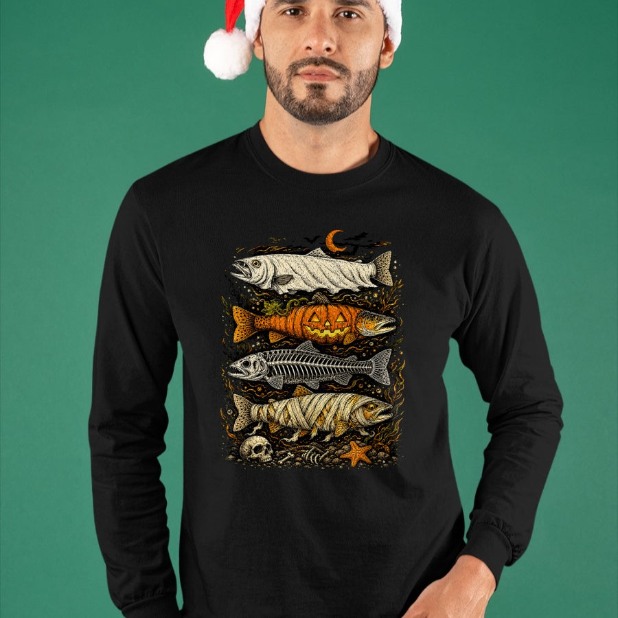 Funny Fishing Shirt, Gift For Fishing Lover Unisex T-Shirt/Hoodie/Sweatshirt HLT00 - Trout Fish Halloween Fishing Fisherman Spooky Season T-Shirt