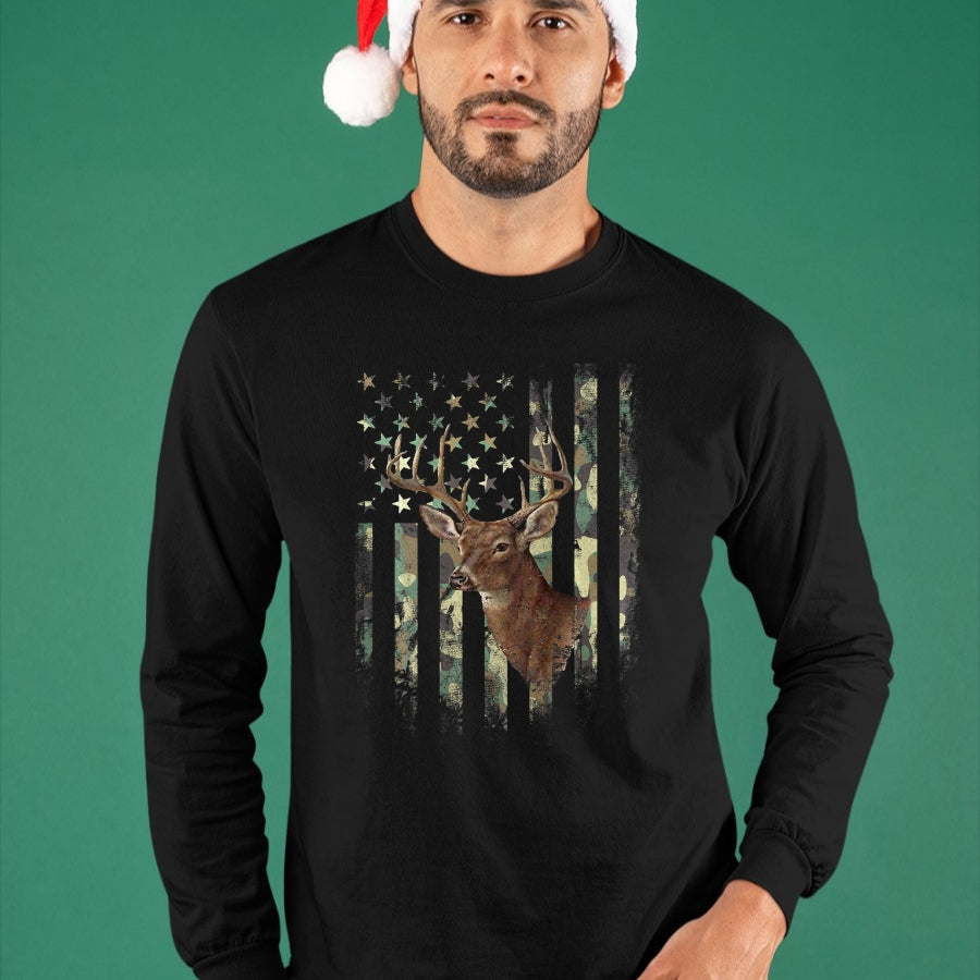 Funny Hunting Shirt, Gift For Hunting Lover Unisex T-Shirt/Hoodie/Sweatshirt HLT00 - American Flag Deer Hunting Camo T-Shirt