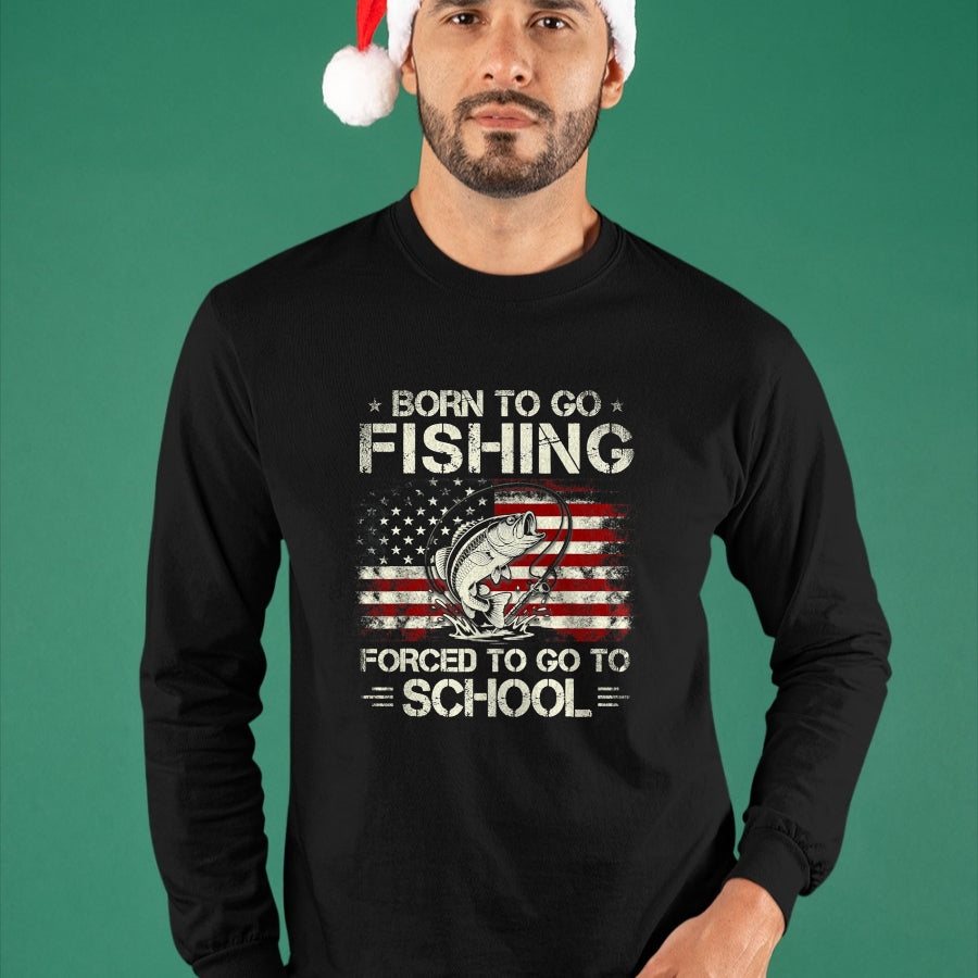 Funny Fishing Shirt, Gift For Fishing Lover Unisex T-Shirt/Hoodie/Sweatshirt HLT00 - Born to Go Fishing Forced to Go to School Bass Fishing Flag T-Shirt