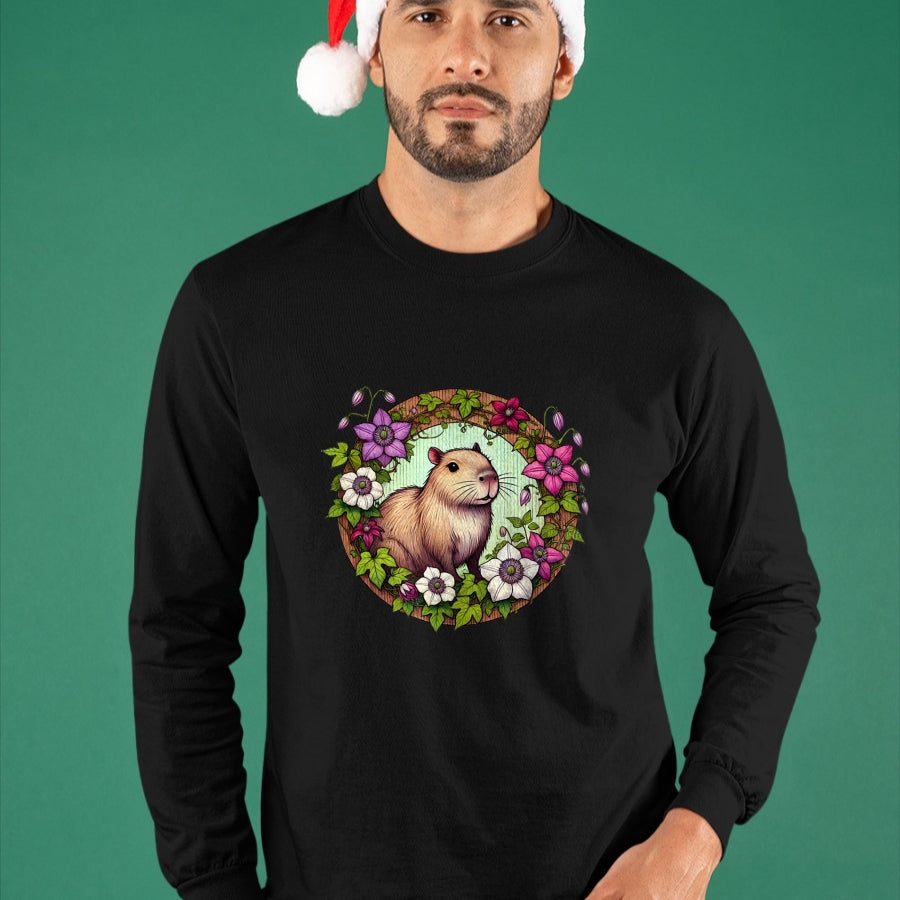 Cute Capybara Shirt, Funny Capybara Unisex T-Shirt/Hoodie/Sweatshirt HLT00 - Capybara floral Illustration Long Sleeve T-Shirt