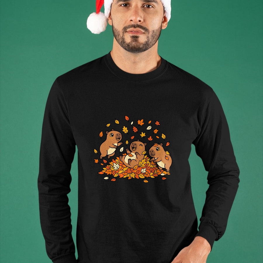 Cute Capybara Shirt, Funny Capybara Unisex T-Shirt/Hoodie/Sweatshirt HLT00 - Cute Capybara Autumn Leaves Fall Season Animal T-Shirt