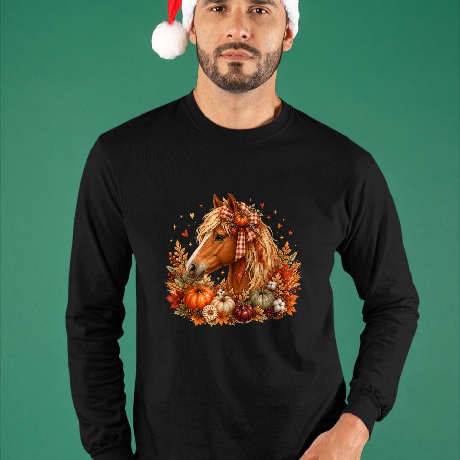 Best Horse Lover Shirt , Funny Horse UnisexT-Shirt/Hoodie/Sweatshirt HLT00 - Cute Horse Pumpkin Coquette Bow Autumn Fall Equestrian T-Shirt
