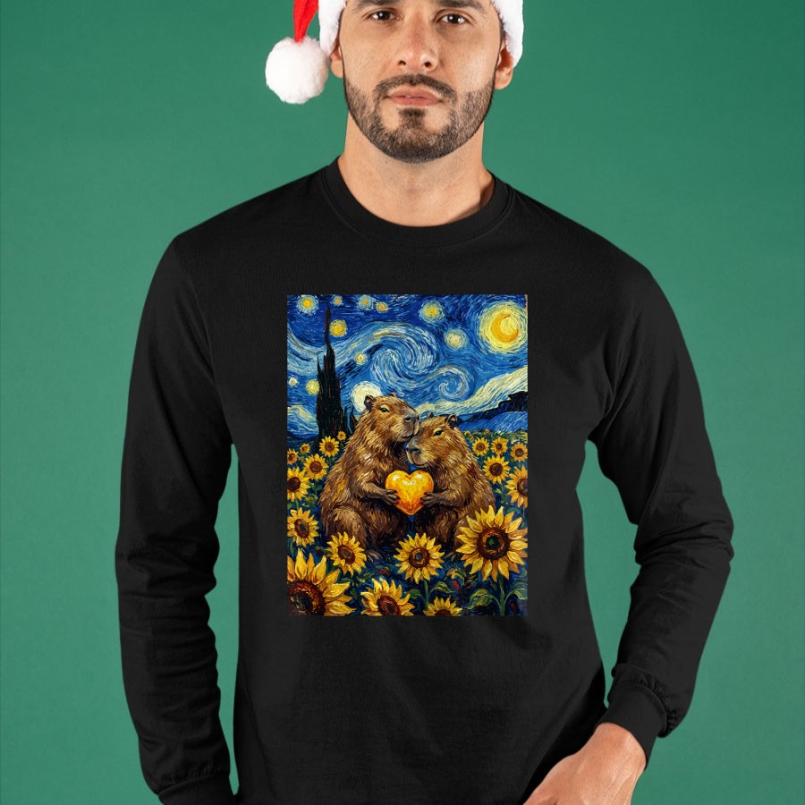 Cute Capybara Shirt, Funny Capybara Unisex T-Shirt/Hoodie/Sweatshirt HLT00 - Capybara Starry Night with Heart and Sunflowers Long Sleeve T-Shirt