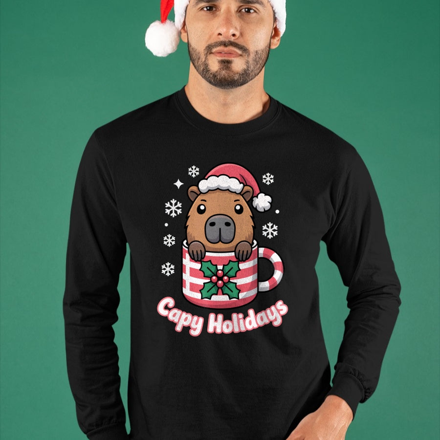 Cute Capybara Shirt, Funny Capybara UnisexT-Shirt/Hoodie/Sweatshirt HLT00 - Capy Holidays Cute Capybara Christmas Santa Hat Long Sleeve T-Shirt