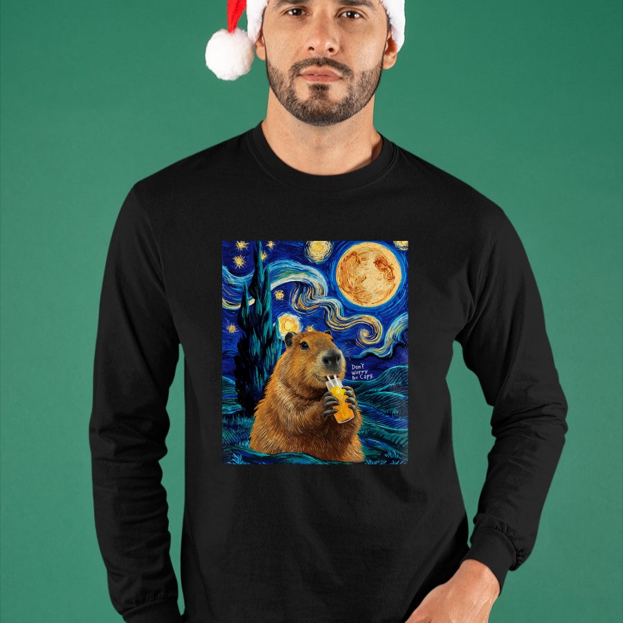 Cute Capybara Shirt, Funny Capybara Unisex T-Shirt/Hoodie/Sweatshirt HLT00 - Capybara in Van Gogh Starry Night Don_t Worry Be Capy Cappy T-Shirt