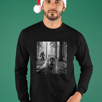 Cute Capybara Shirt, Funny Capybara Unisex T-Shirt/Hoodie/Sweatshirt HLT00 - Funny Capybara Selfie with Sasquatsch Bigfoot for Men Women T-Shirt, Men, Black, 3X-Large