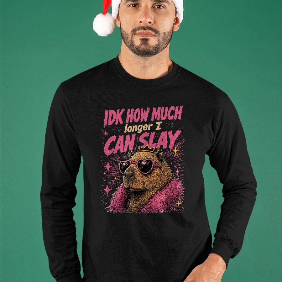 Cute Capybara Shirt, Funny Capybara Unisex T-Shirt/Hoodie/Sweatshirt HLT00 - Funny Capybara IDK How Much Longer I Can Slay Teens Meme T-Shirt