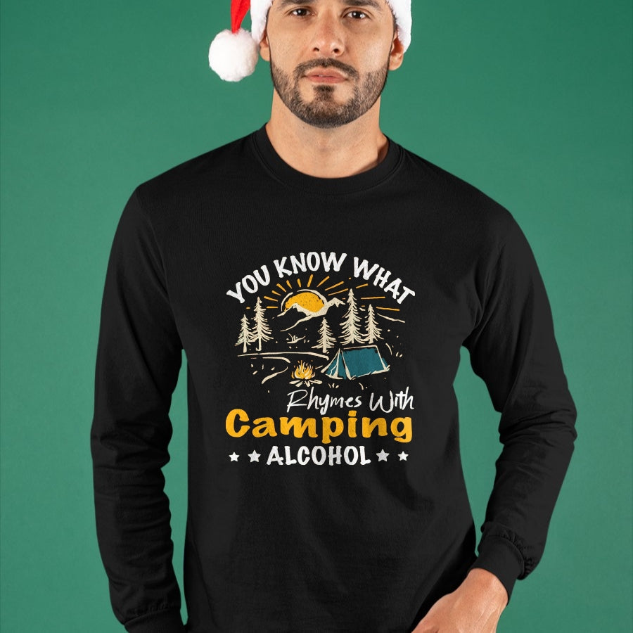 Funny Camping Shirt, Gift For Camping Lover Unisex T-Shirt/Hoodie/Sweatshirt HLT00 - You Know What Rhymes with Camping Alcohol Hiking Adventure T-Shirt, Men, Black, Medium