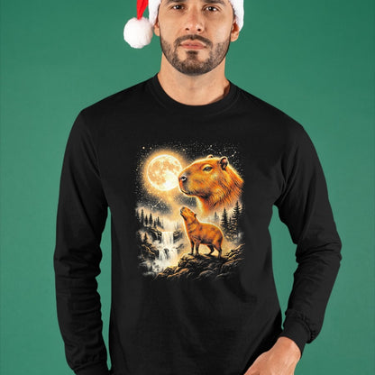 Cute Capybara Shirt, Funny Capybara Unisex T-Shirt/Hoodie/Sweatshirt HLT00 - Capybara Howling At The Moon Forest Waterfall Art T-Shirt