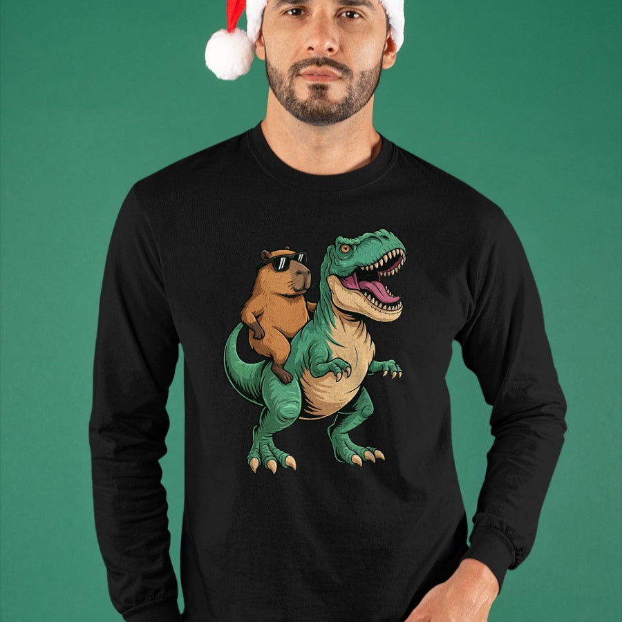 Cute Capybara Shirt, Funny Capybara Unisex T-Shirt/Hoodie/Sweatshirt HLT00 - Capybara Riding T-Rex T-Shirt