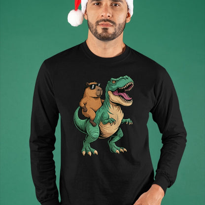 Cute Capybara Shirt, Funny Capybara Unisex T-Shirt/Hoodie/Sweatshirt HLT00 - Capybara Riding T-Rex T-Shirt