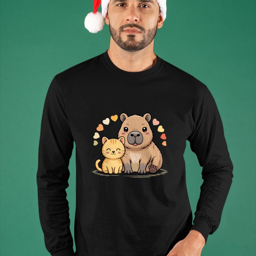 Cute Capybara Shirt, Funny Capybara Unisex T-Shirt/Hoodie/Sweatshirt HLT00 - Cute Cat and Capybara Friends Funny Pet Lovers Casual Wear T-Shirt