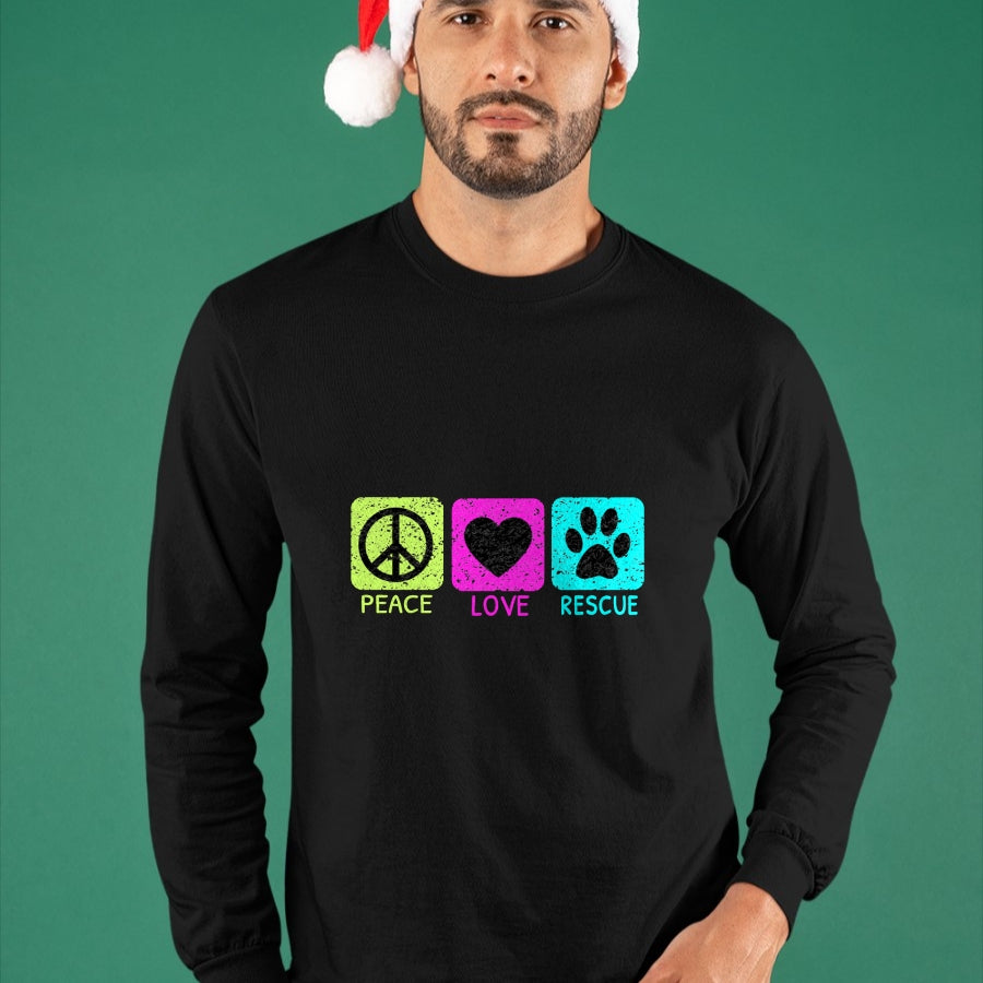 Dog Love Shirt, Dog Lover Gift T-Shirt/Hoodie/Sweatshirt HLT00 - Peace Love Rescue Dogs Distressed Graphic Animal Lovers Long Sleeve T-Shirt