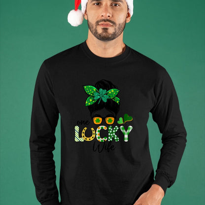Best Wife Shirt, Wife and Husband Unisex T-Shirt/Hoodie/Sweatshirt HLT00 - Gift for wife T shirt, lucky wife   One Lucky Wife Messy Bun Irish St Patricks Day Shamrock T-Shirt