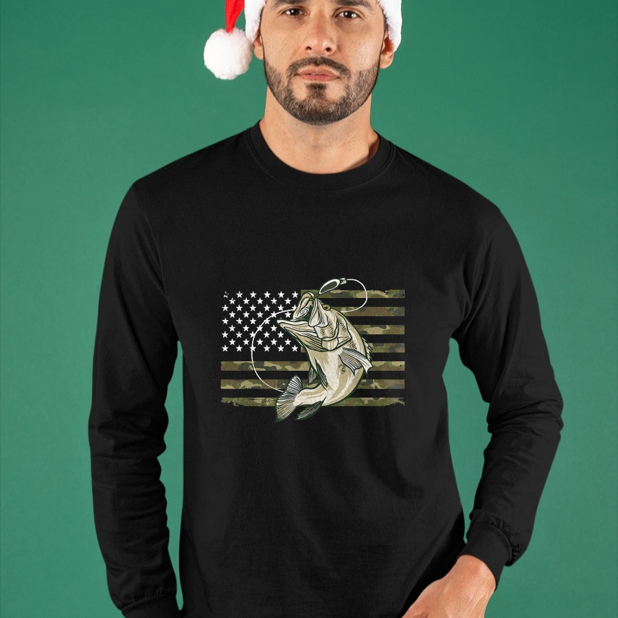 Funny Fishing Shirt, Gift For Fishing Lover Unisex T-Shirt/Hoodie/Sweatshirt HLT00 - Fishing Camouflage US American Flag Bass Fish Fisherman Camo T-Shirt